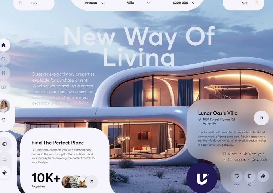Homepage design concept for Lunar Oasis, a property listings website